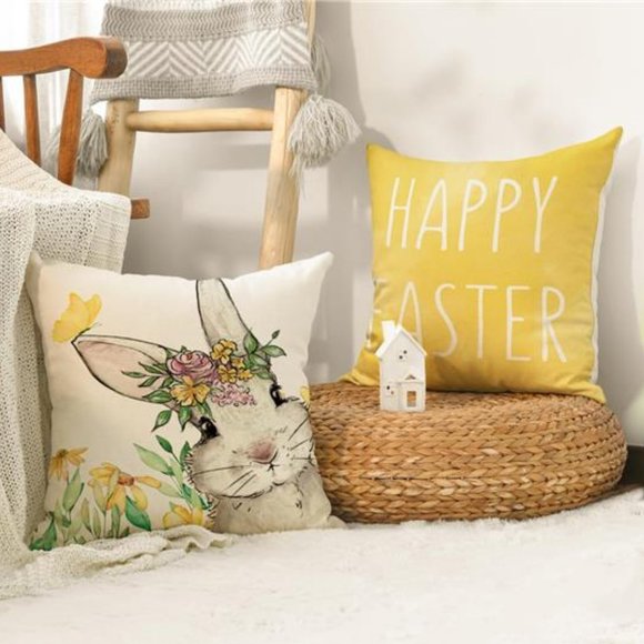Easter Decorative Throw Pillow Covers Cases Bunny Spring Decor Yellow Accent - Picture 2 of 7